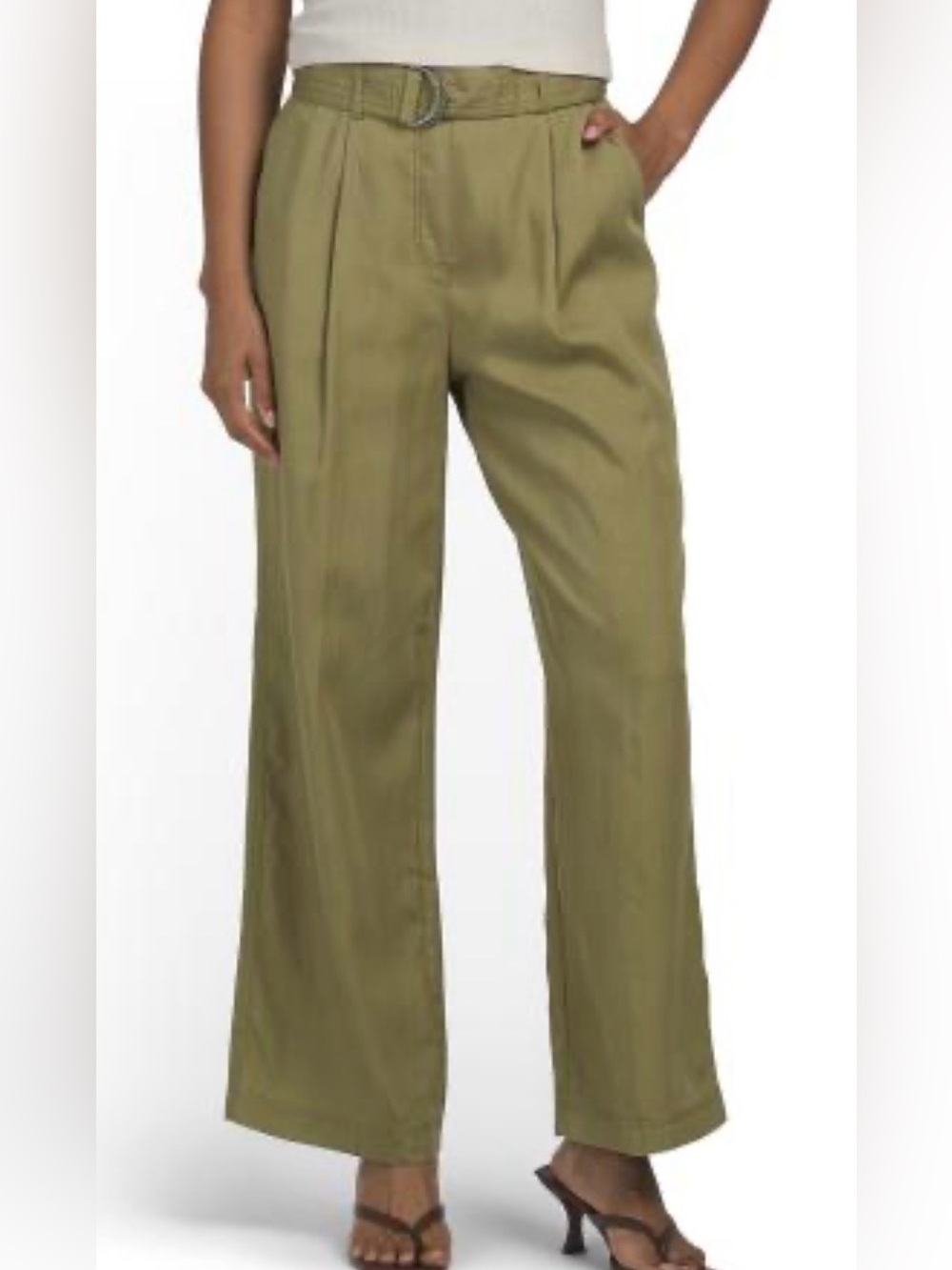 Elaine Rose Stylish Pants Wide Leg, Pull Up Belted Lightweight Light Olive NWT